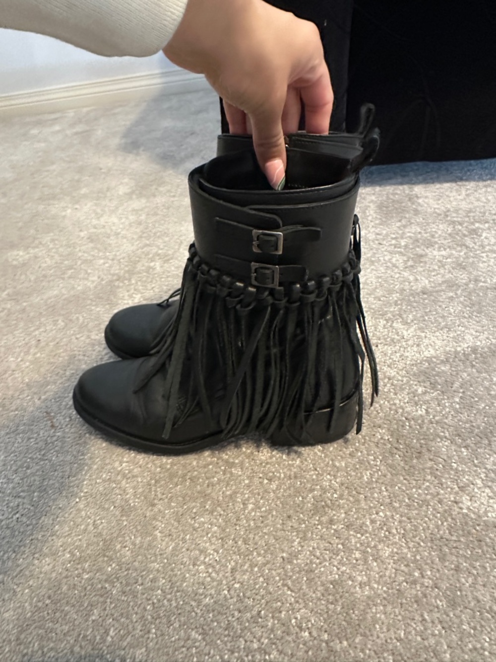 Black Leather Fringe Boots (Size 37)
